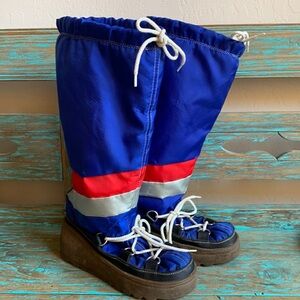 Vintage Faux Sherpa-Lined Blue Red Silver Striped Women’s Moon-Style Boots